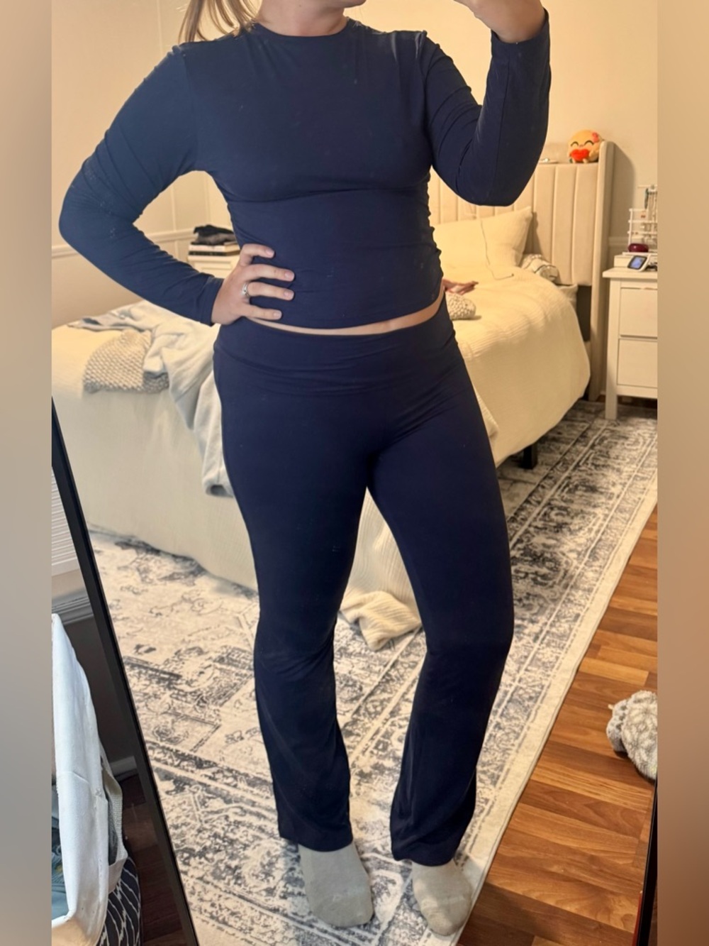 Navy Blue Matching Set Fold-Over Yoga Pants & Fitted Long Sleeve Crop Top Large